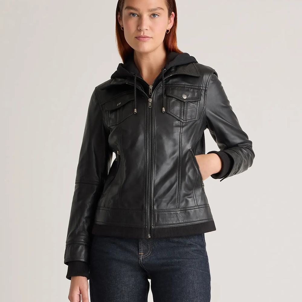 Quince Leather Jacket With Hood Black Medium Genuine Leather